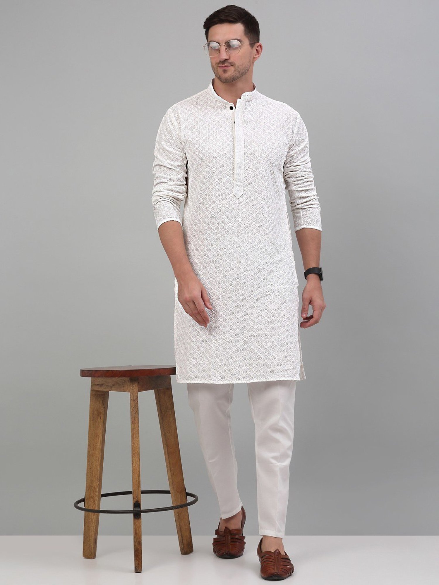 Jompers White Regular Fit Embroidered Kurta Bottom Set