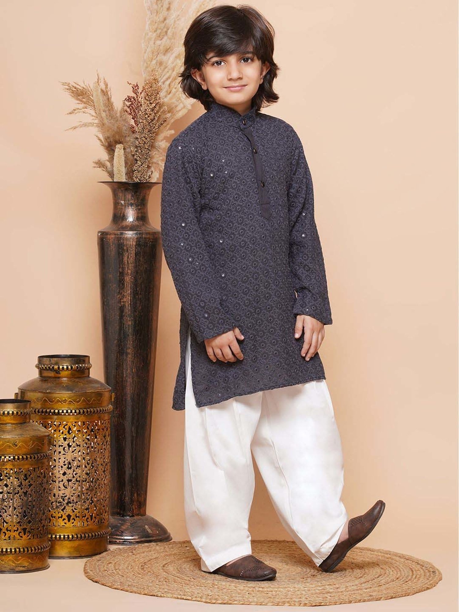 AJ Dezines Kids Grey & White Cotton Embroidered Full Sleeves Kurta Set