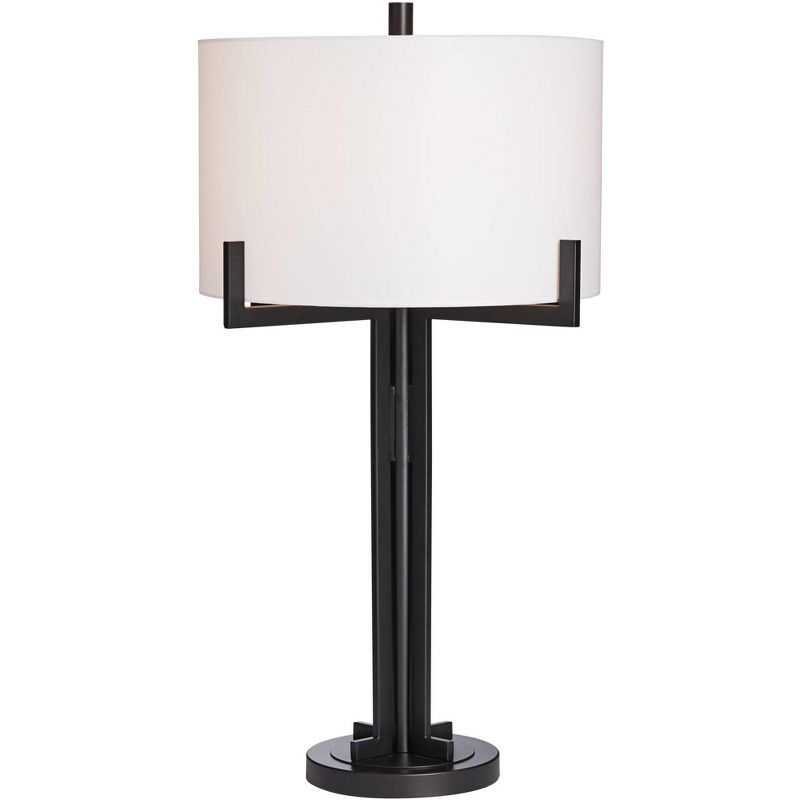 Franklin Iron Works Modern Industrial Table Lamp Black Metal White Drum Shade for Living Room Bedroom Bedside Nightstand Office
