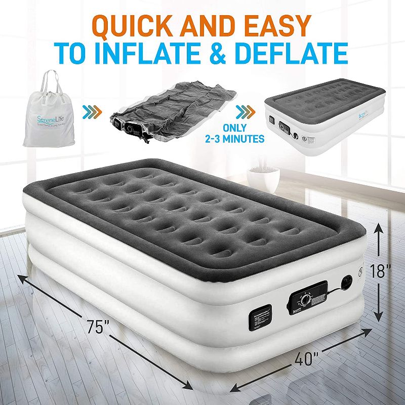 SereneLife Twin Size Inflatable Premium Airbed Flocked PVC Mattress for Travel and Camping with Internal AC Pump, Storage Bag, and 2 Repair Patches