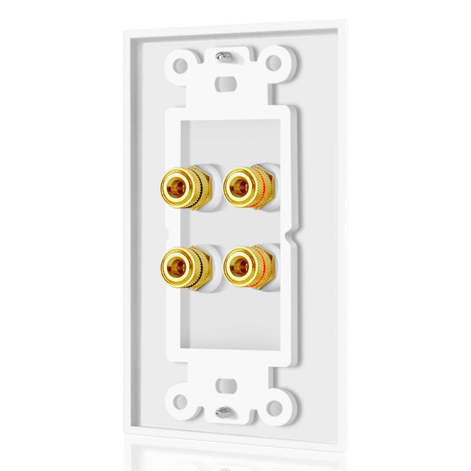 Home Theater Speaker Wall Plate Outlet - 2 Speaker Sound Audio Distribution Panel Gold Plated Copper Banana Plug Binding Post Connector Insert Jack Coupler (2 Pair, Single Gang, White)