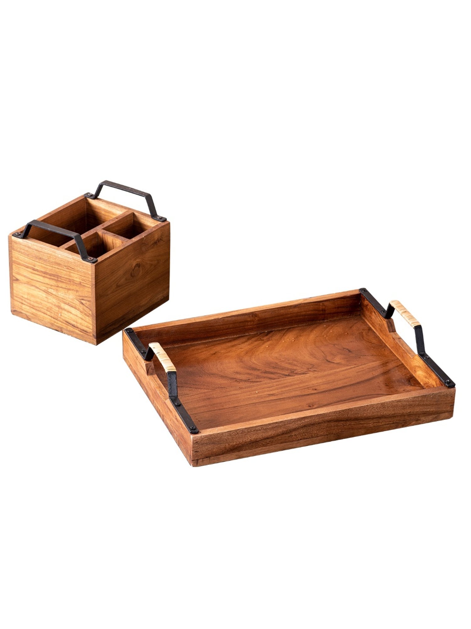 Nestroots Brown Wood Tray & Cutlery Holder Set