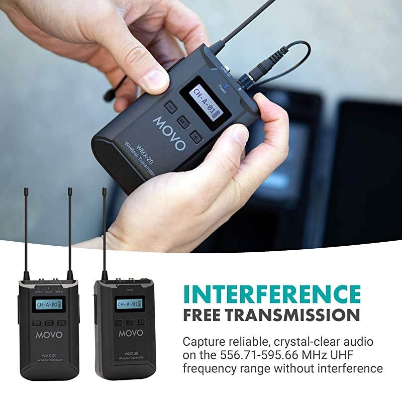 WMX20 48Channel UHF Wireless Lavalier Microphone System with 1 Receiver 1 Transmitter and 1 Lapel Microphone Compatible with DSLR Cameras 330 ft Audio Range