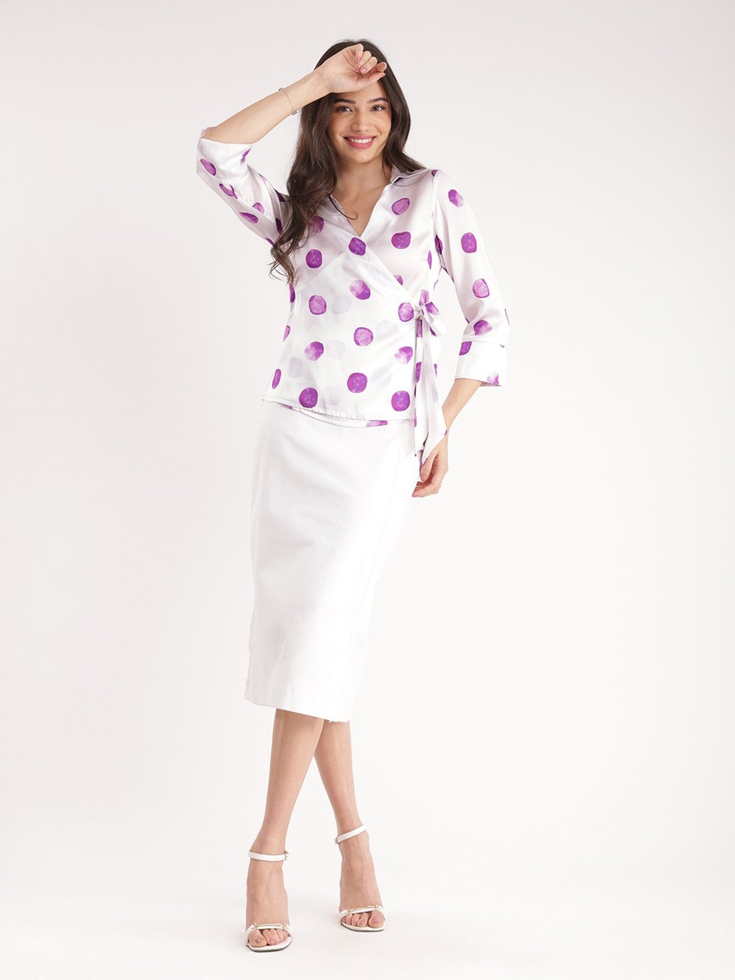 Fablestreet White & Purple Polka Dot Top