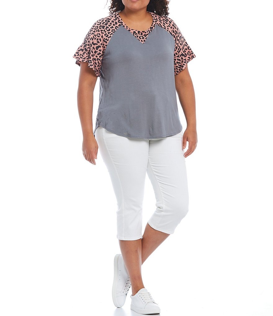 Moa Moa Plus Size Solid Jewel Neck Animal Contrast Short Sleeve Knit Top