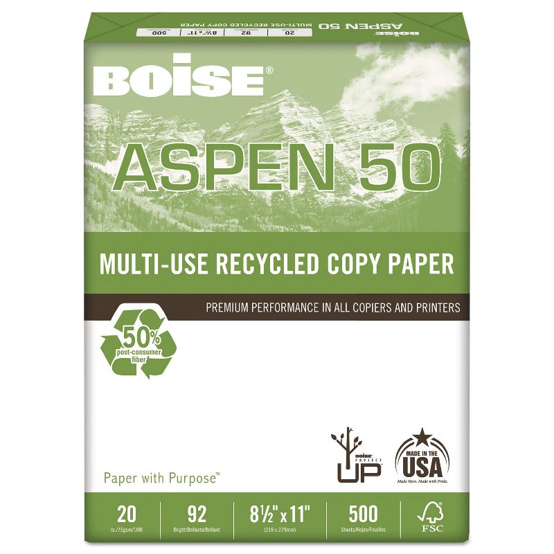 Boise ASPEN 50% Multi-Use Recycled Paper 92 Bright 20lb 8 1/2 x 11 White 055011
