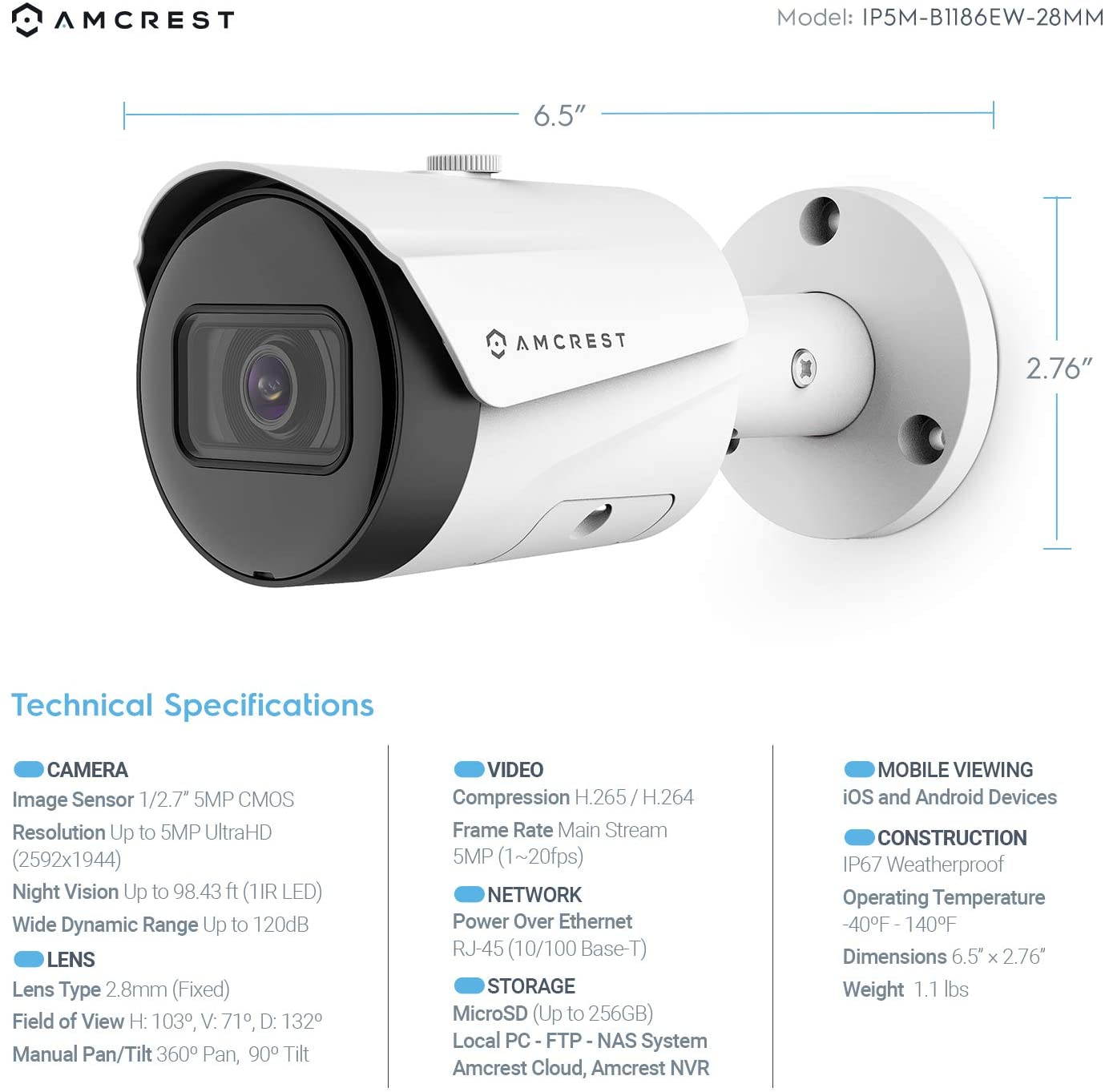 Amcrest UltraHD 5MP Outdoor POE Camera 2592 x 1944p Bullet IP Security Camera, Outdoor IP67 Waterproof, 103&deg; Viewing Angle, 2.8mm Lens, 98.4ft Night Vision, 5-Megapixel, IP5M-B1186EW-28MM (White)