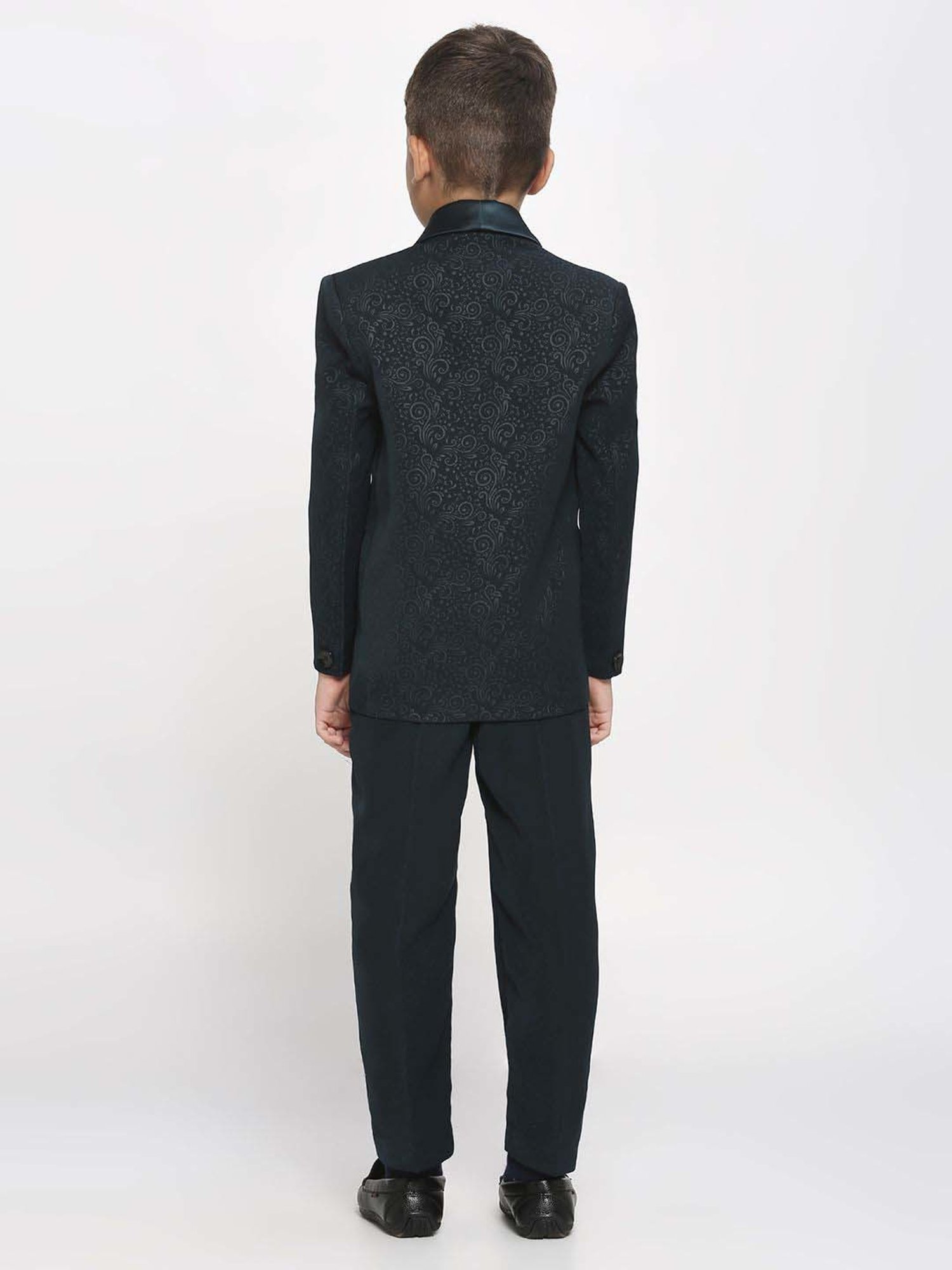 Kids Island Boys Green & White Embossed Full Sleeves Suit Set