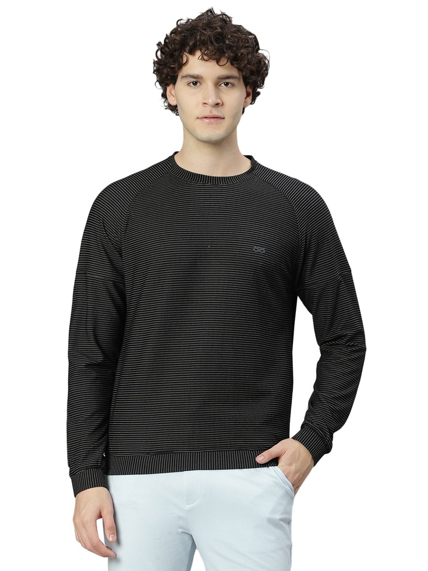 Slowave Black Regular Fit Striped Round Neck Sweatshirt