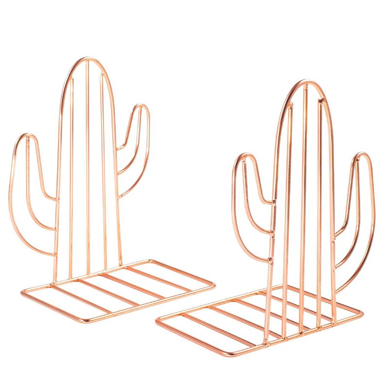 Set of 2 Zodaca Rose Gold Metal Bookends, Decorative Book Stoppers for Shelves, Cute Cactus