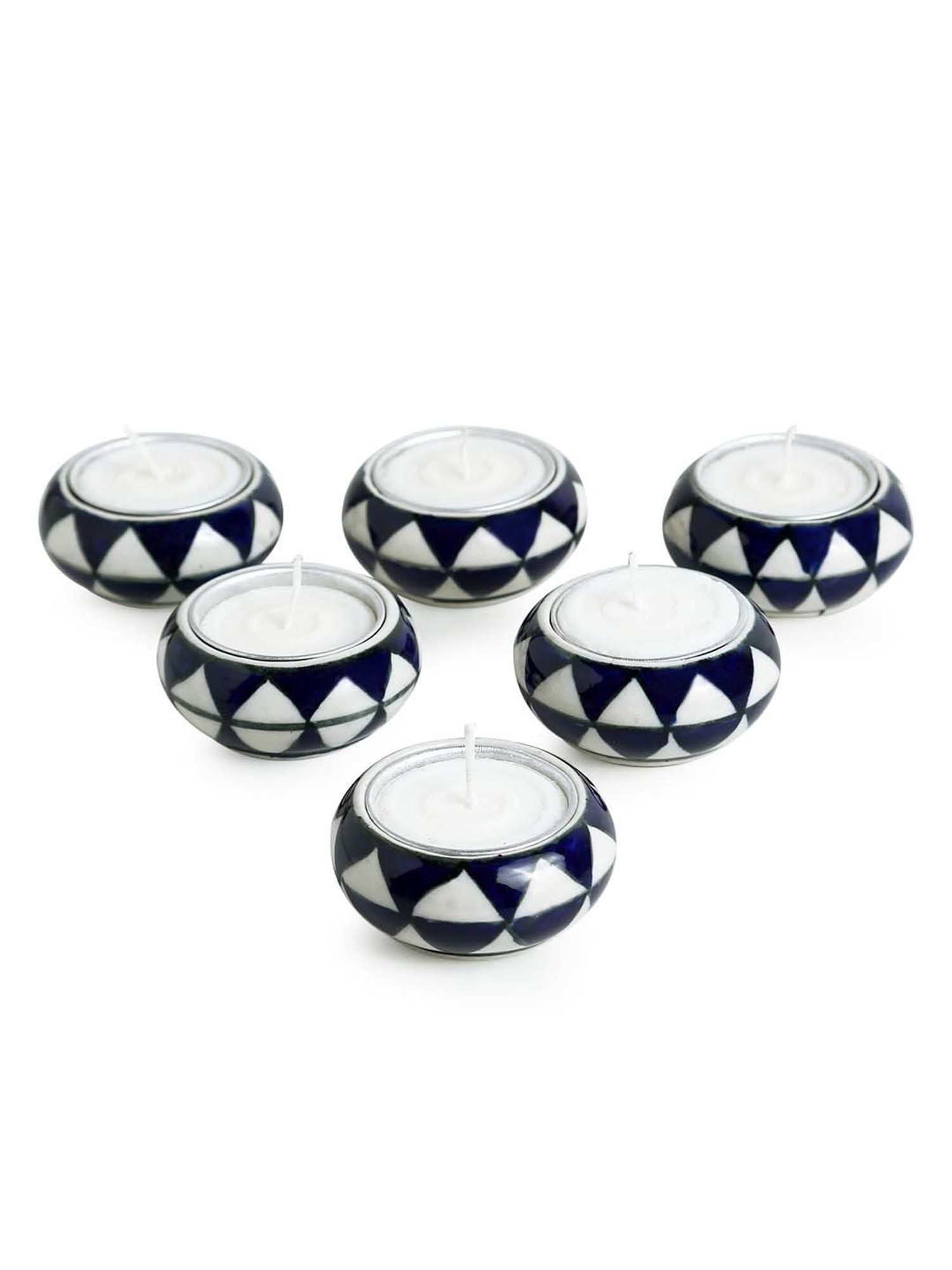 ExclusiveLane 'Shimmering Mughals' Geometric Hand-painted Tea-Light Holders In Ceramic (Set of 6)