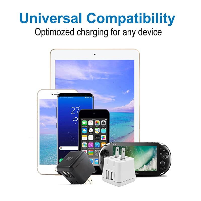 2-Pack 12W 2.4A Dual Port Foldable Plug USB Travel Wall Chargers for iPhone Xs/XS MAX/XR/X/ 8/7/ 7 Plus/ 6s/ 6s Plus, iPad Pro/ Air2/ Mini 3/ Mini 4, Samsung, Kindle and More (1x black+ 1x white)