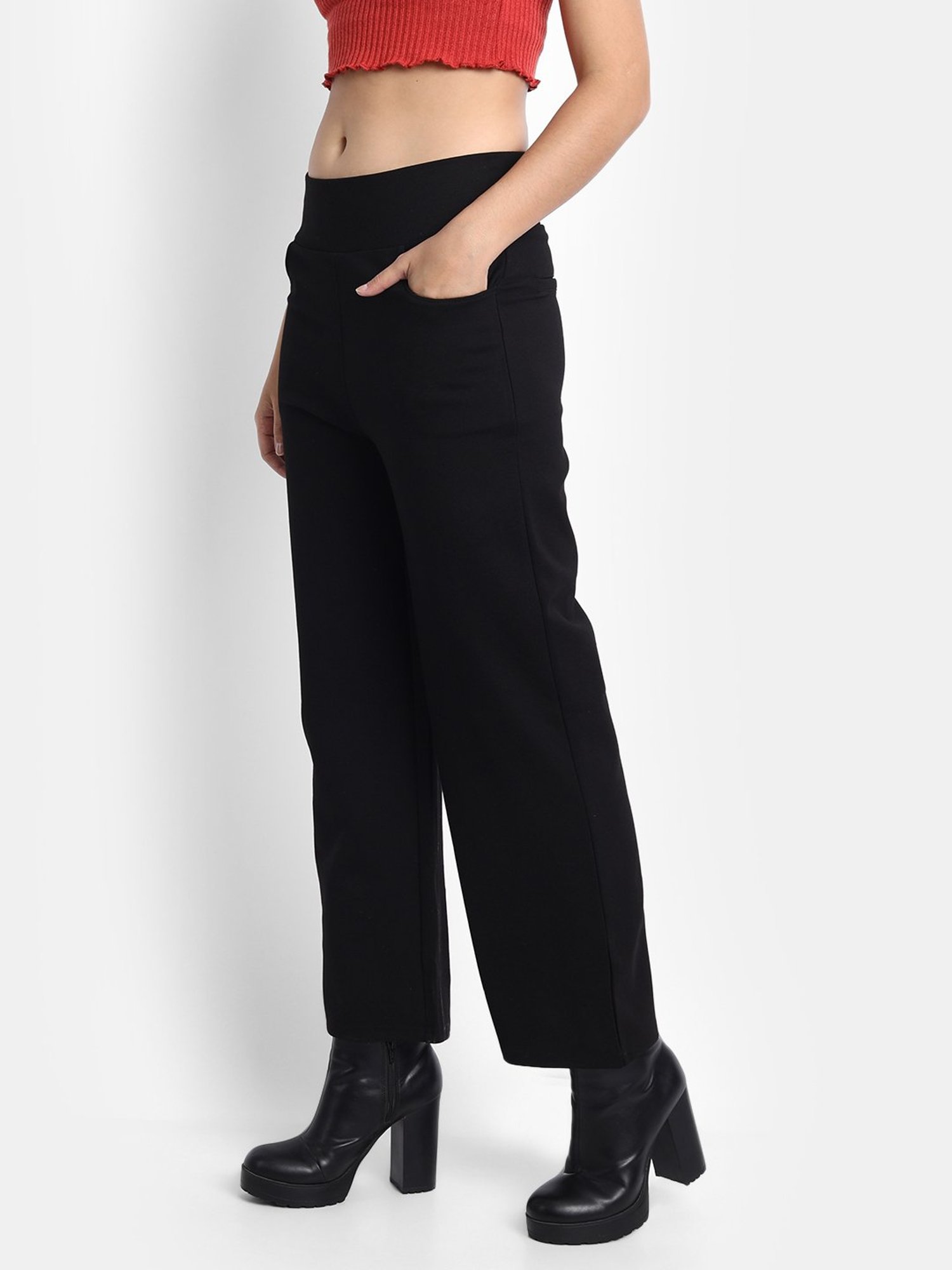 Broadstar Black Straight Fit High Rise Trousers