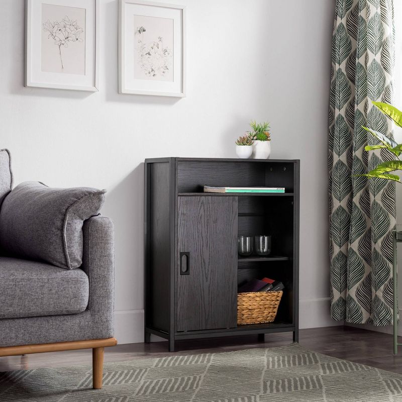 Oak Melamine Floor Cabinet with 2 Sliding Doors Black - Glitzhome