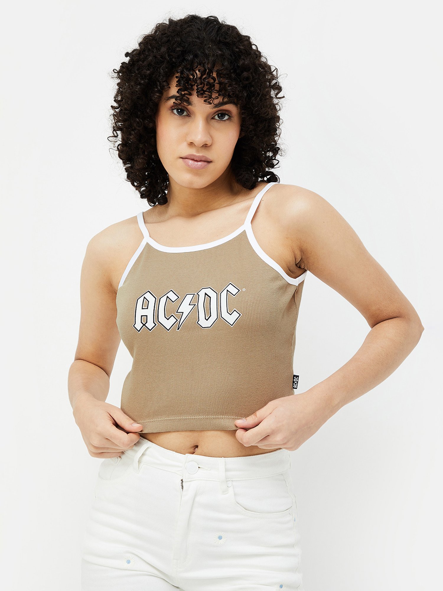 Ginger by Lifestyle Beige Cotton Graphic Tank Top