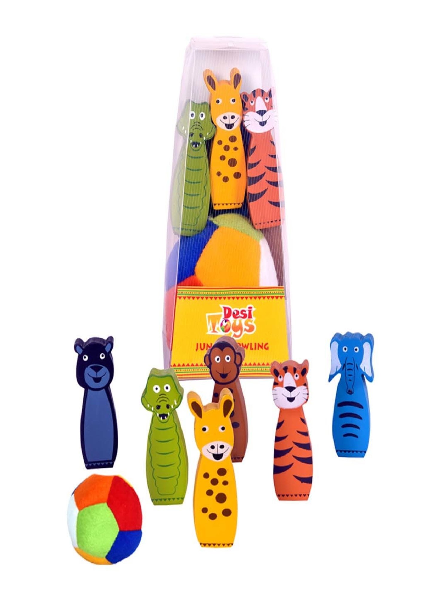 Desi Toys Kids Multicolor Wooden Jungle Bowling Game