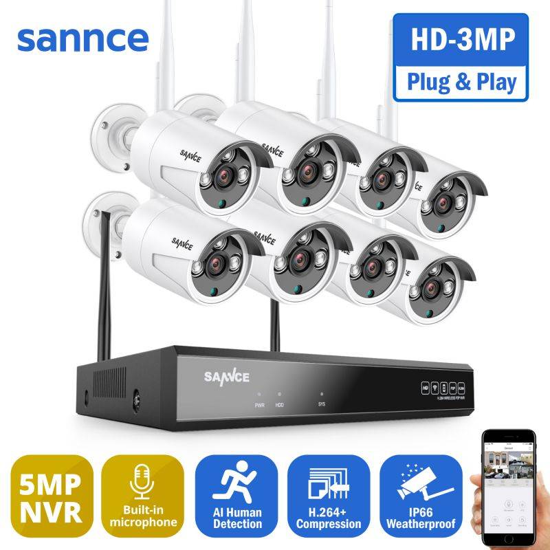 SANNCE 8 Channel 5MP Super HD Wireless NVR Security Camera System with 3MP WiFi Cameras 100 ft Night Vision H.264+ Stream Remote Access & Built-in Mic AI Human Detection 8 Camera No HDD