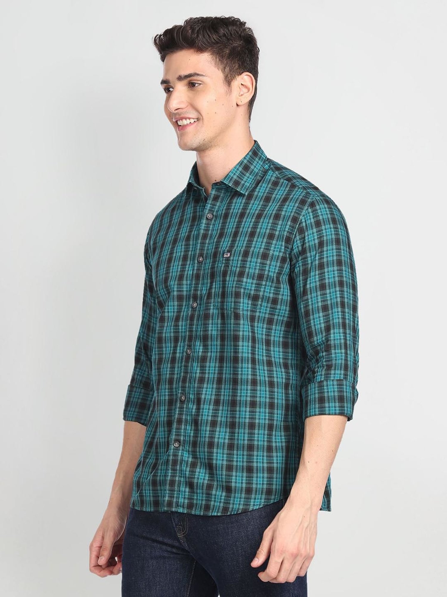 Arrow Sport Green Cotton Slim Fit Checks Shirt