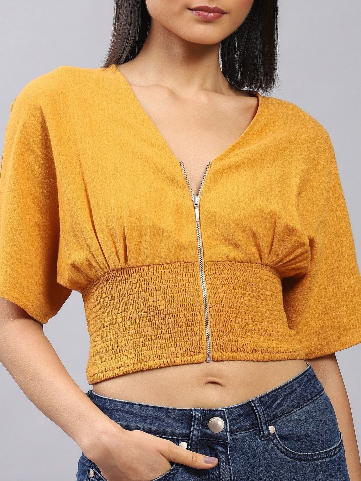 Label Ritu Kumar Green Cotton Blend Solid Cropped Zipper Top