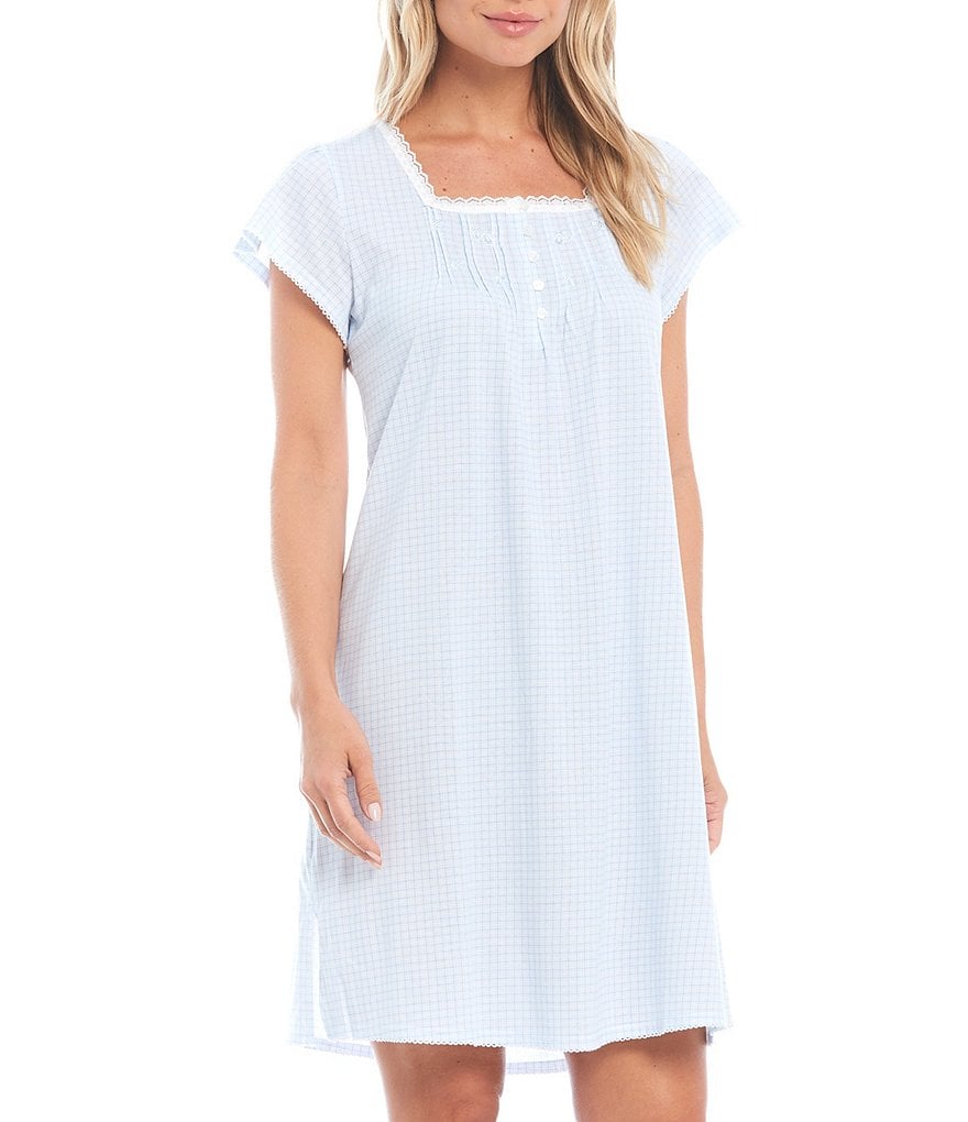 Miss Elaine Silky Knit Square Neck Short Sleeve Checked Print Short Nightgown