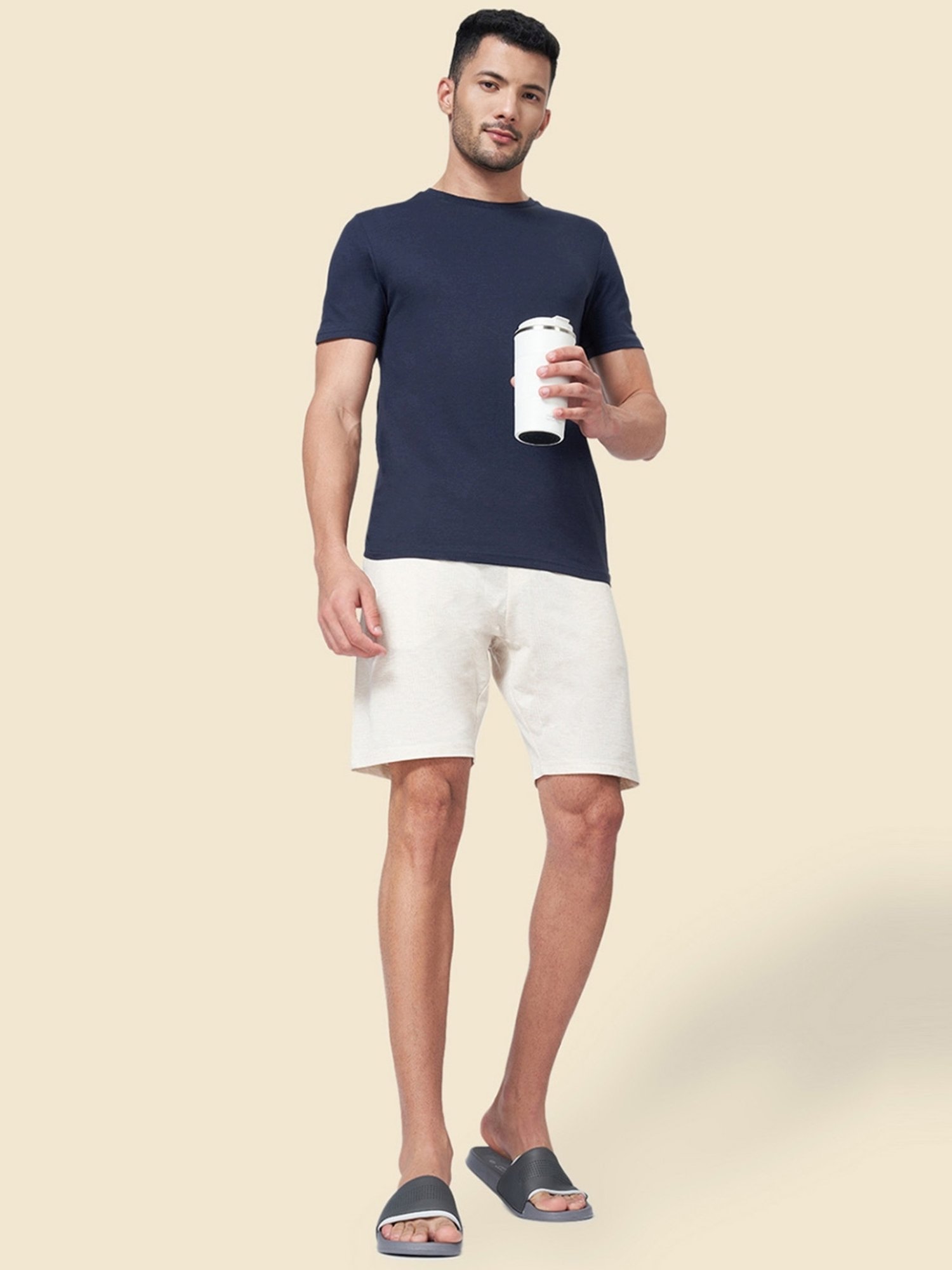 Ajile by Pantaloons Oat Melange Cotton Slim Fit Lounge Shorts