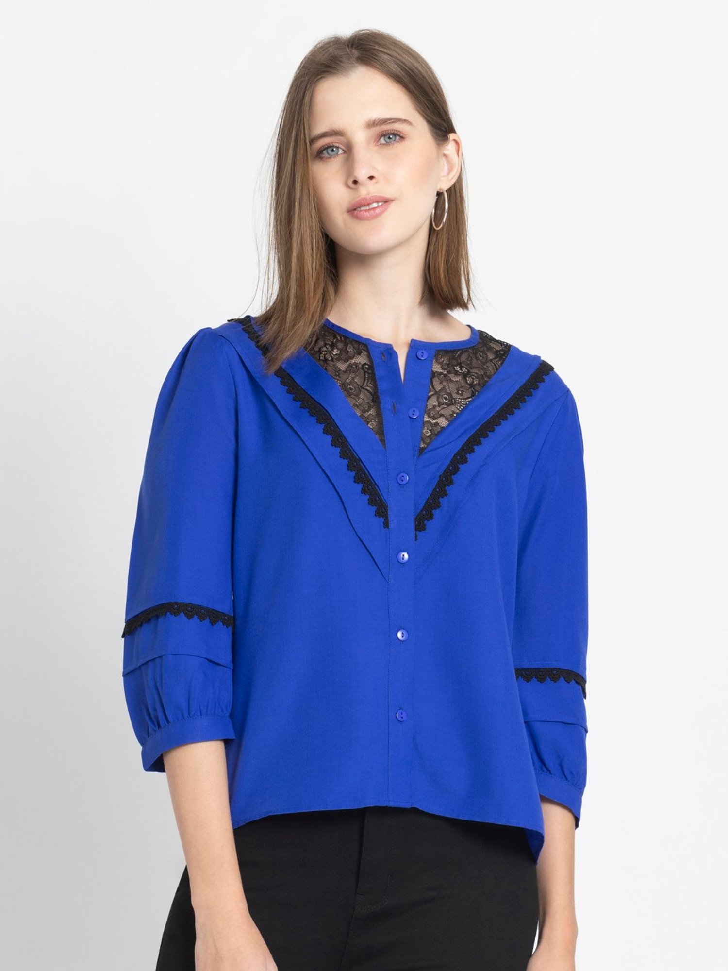 SHAYE Blue & Black Lace Top