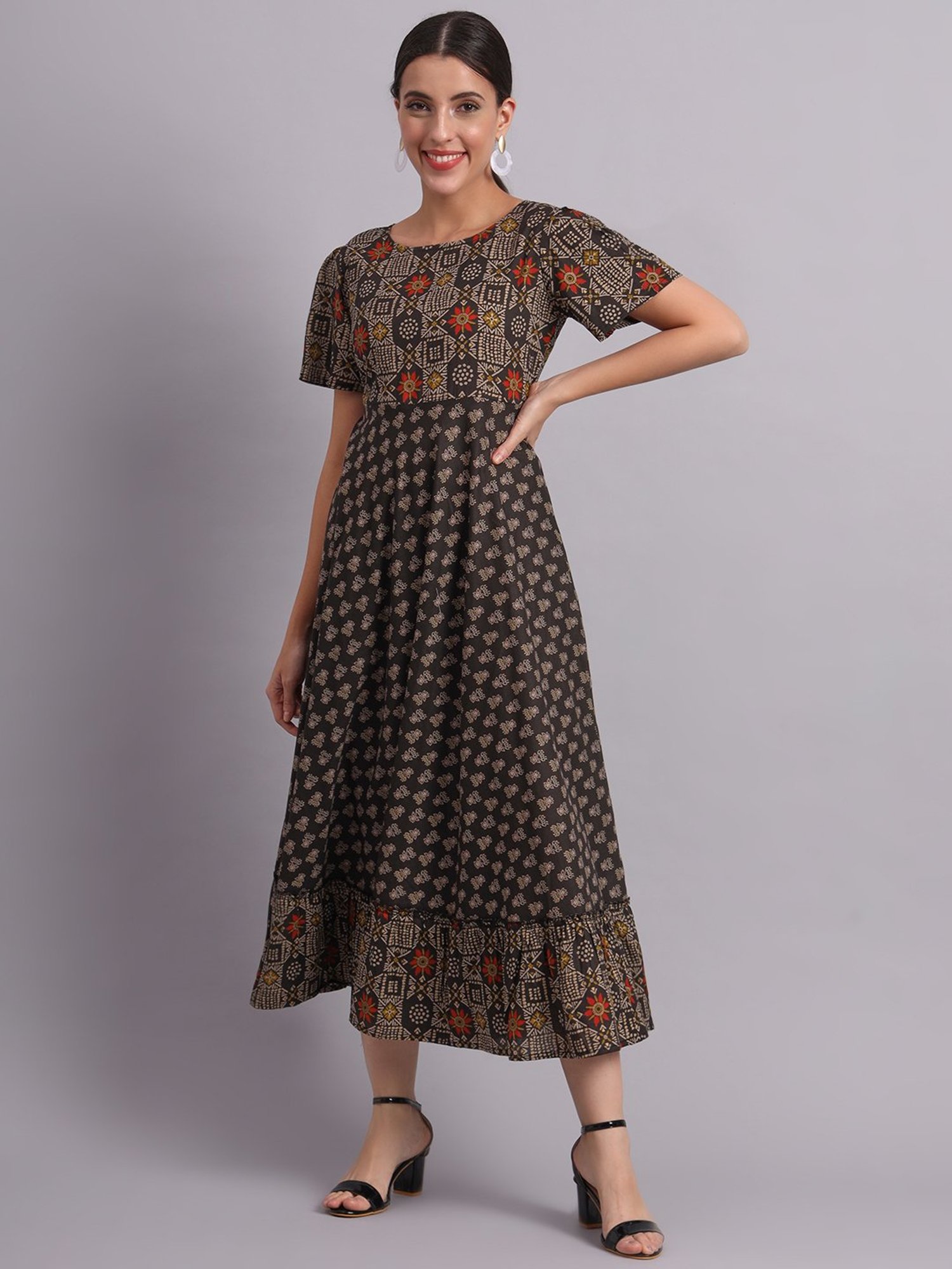 DECKEDUP Black Printed Midi Dress