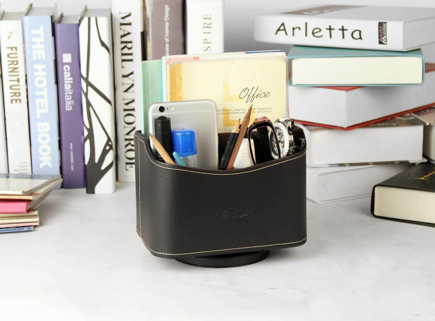 Spinning Remote Caddy, Media Storage Organizer, Remote Control Holder Organizer, Remote Caddy, Brown PU Leather, 7.3X 5.5 x 6 inches