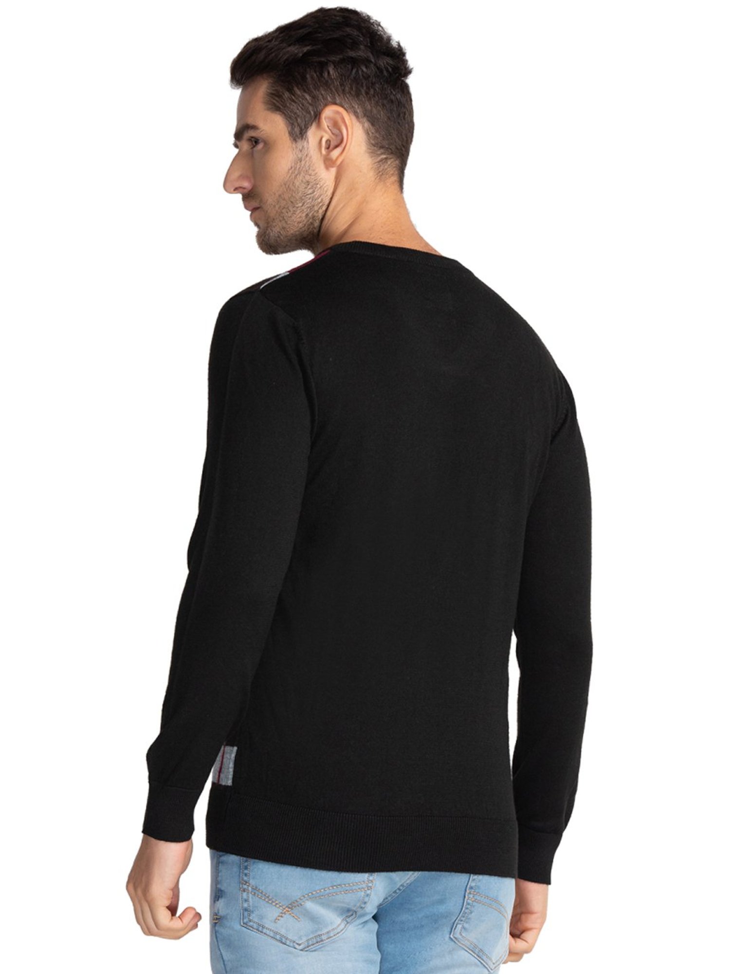 Parx Black Regular Fit Striped Sweaters