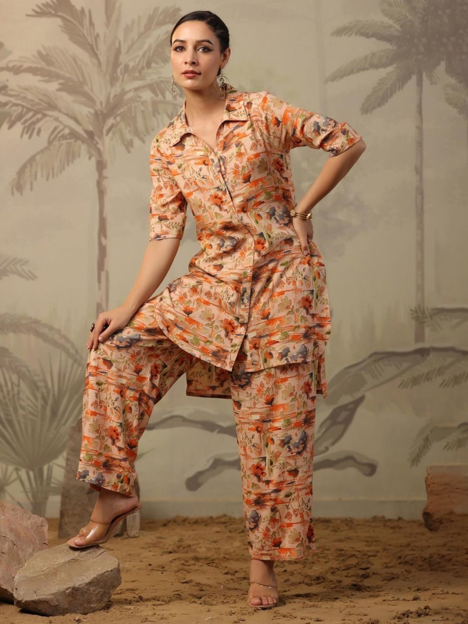 Artagai Beige Co-Ord Set with Notch Collar Kurta and Straight Pants