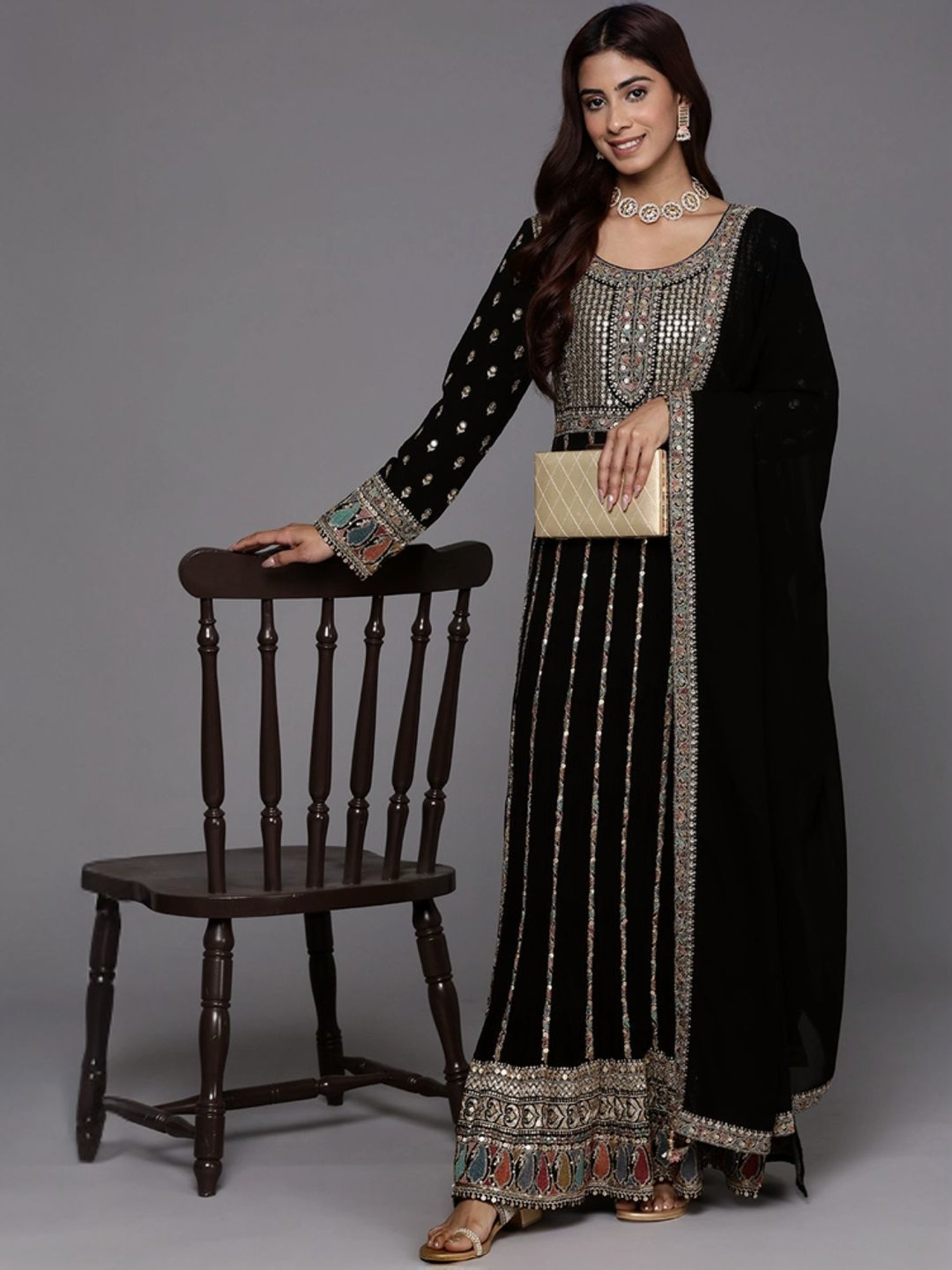 Libas Art Black Embroidered Kurta Palazzo Set With Dupatta