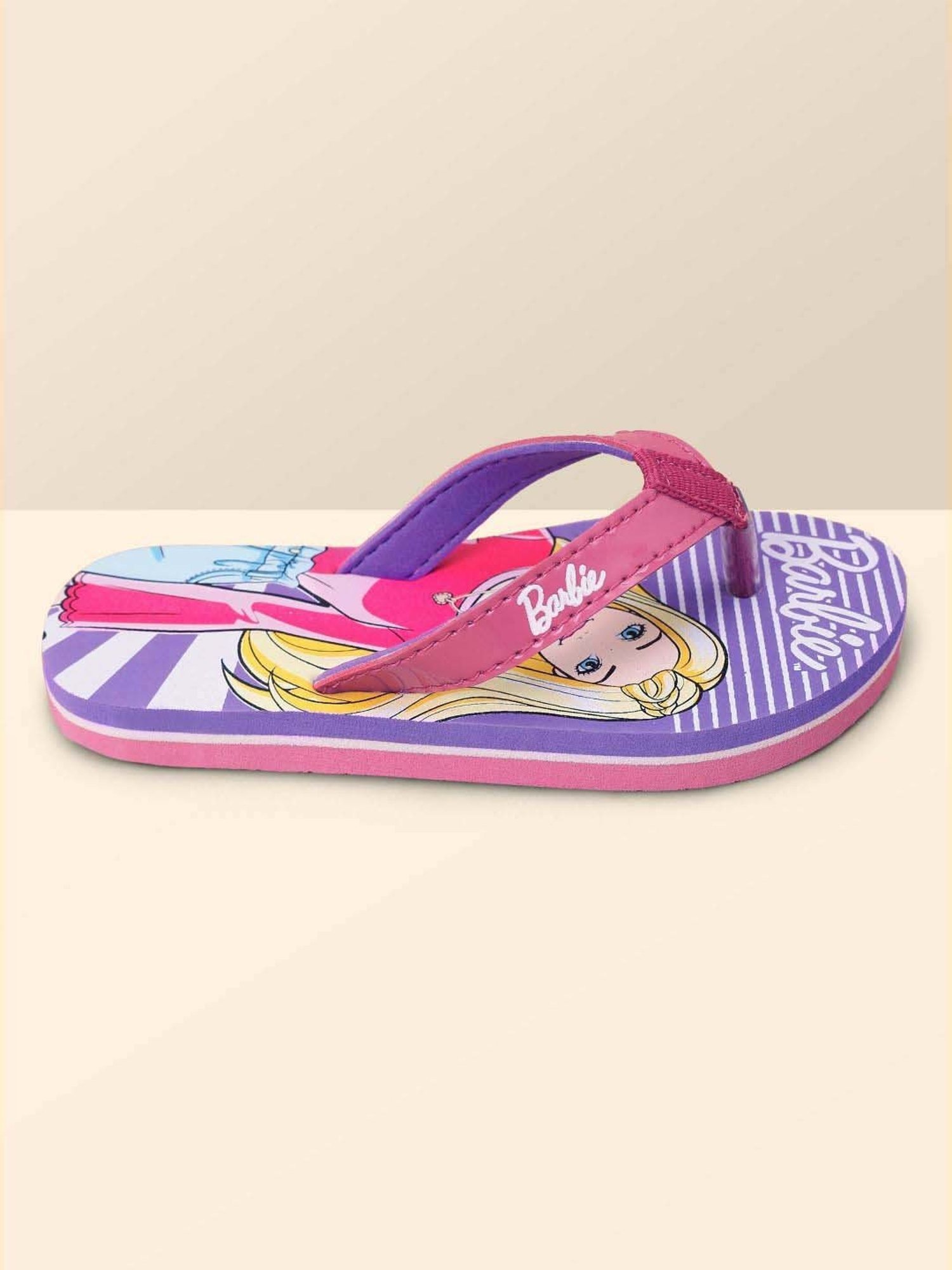 Kidsville Barbie Printed Pink & Purple Flip Flops