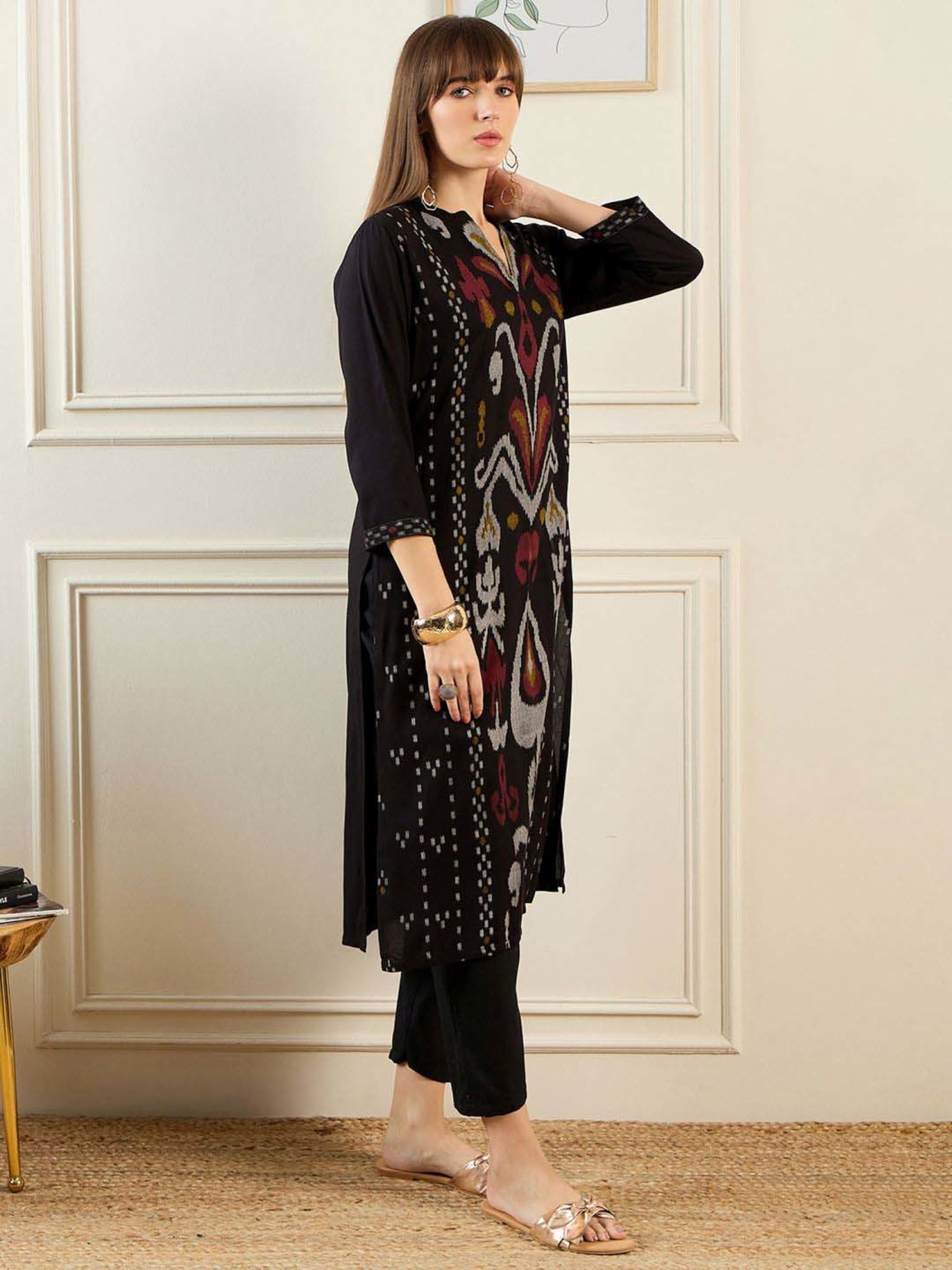 Indo Era Black Printed Straight Kurta