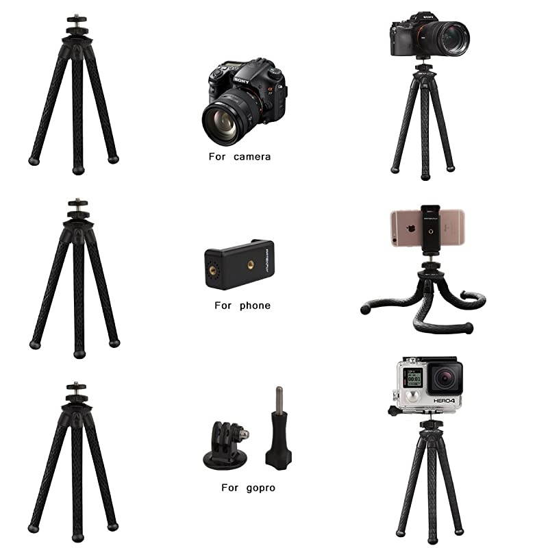 CameraPhone Tripod 12 Inch Flexible Camera Tripod for GoProCanonNikonSony DSLR CamGopro Action Cam Phone Tripod Stand with Cell Phone Holder Clip for iPhoneAndroid Phone3 in 1