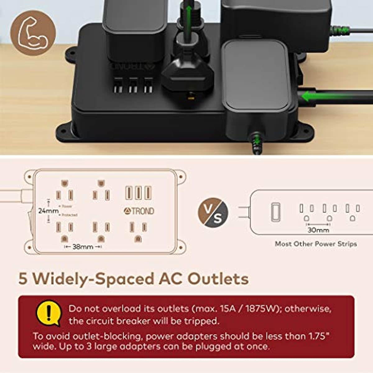 Power Strip with USB, TROND Surge Protector Flat Plug with 5 Widely-Spaced Outlets, ETL Listed, 1300 Joules, Wall Mountable 5ft Extension Cord, for Kitchen Garage Laundry Room Behind TV, Black