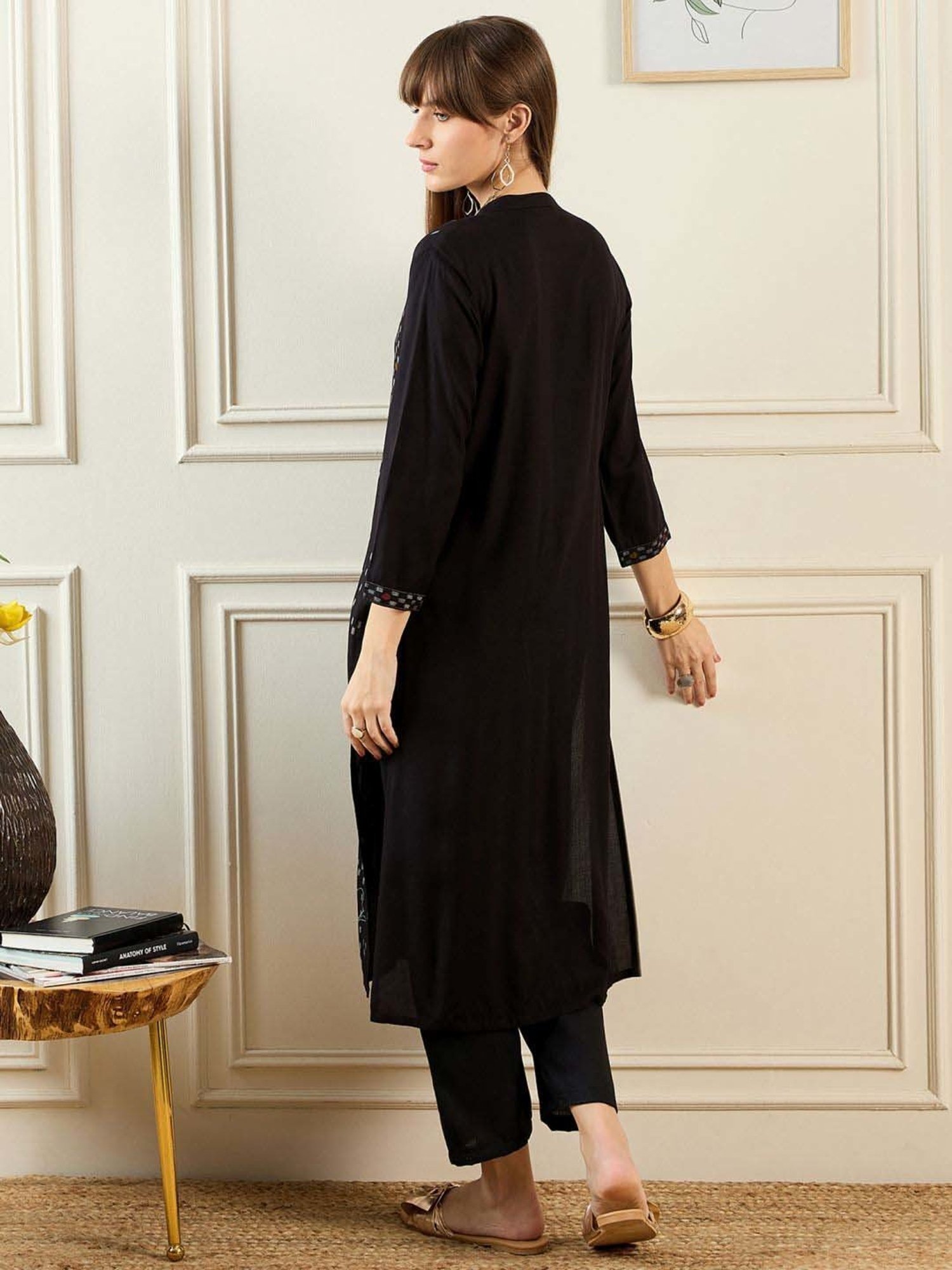 Indo Era Black Printed Straight Kurta