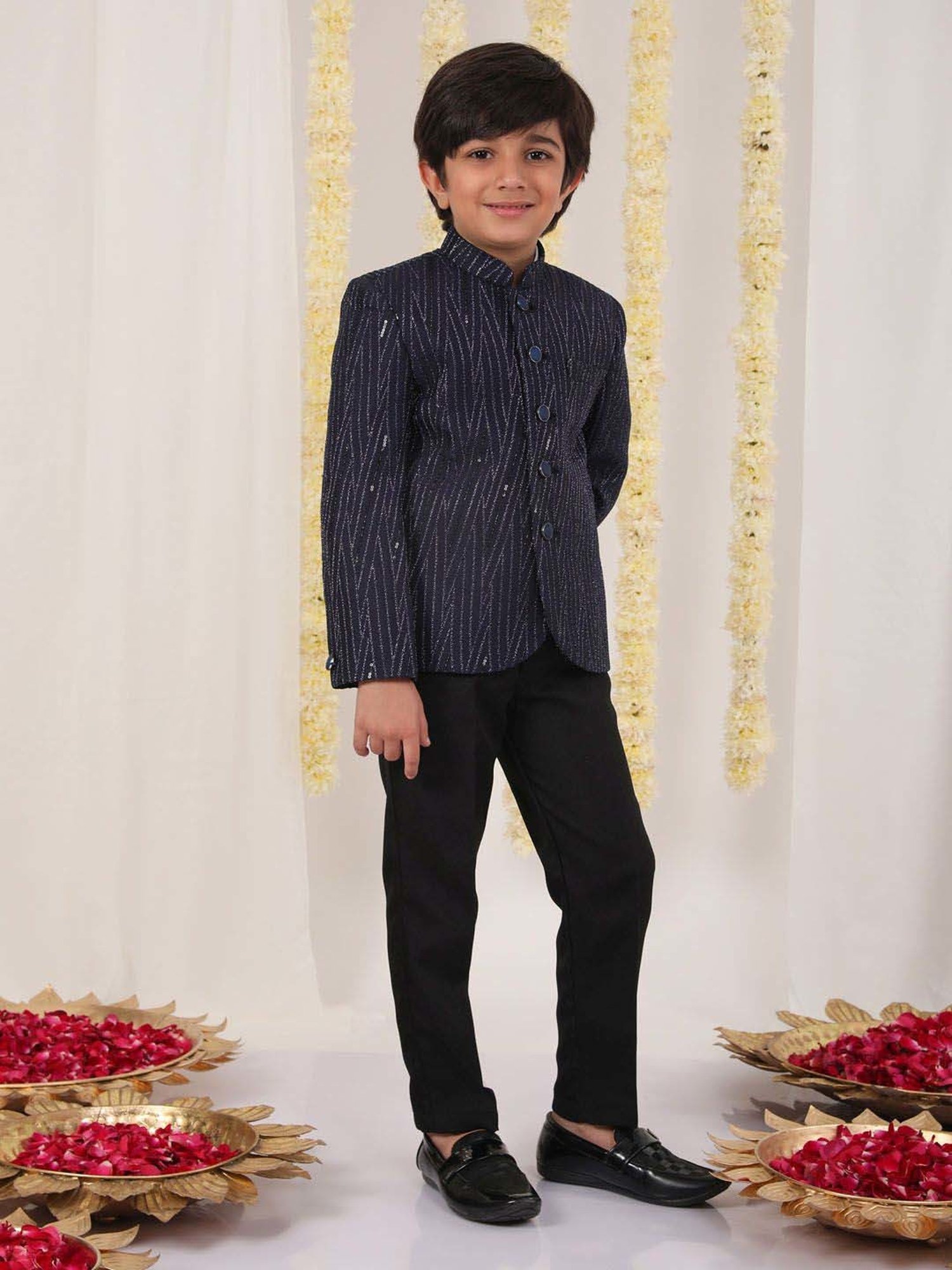 VASTRAMAY Boys Navy Sequence Full Sleeves Indowestern