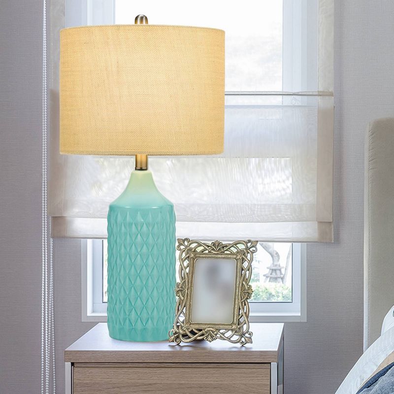 26.5" Quilted Ceramic Table Lamp with Natural Linen Drum Shade Aqua Blue - Cresswell Lighting