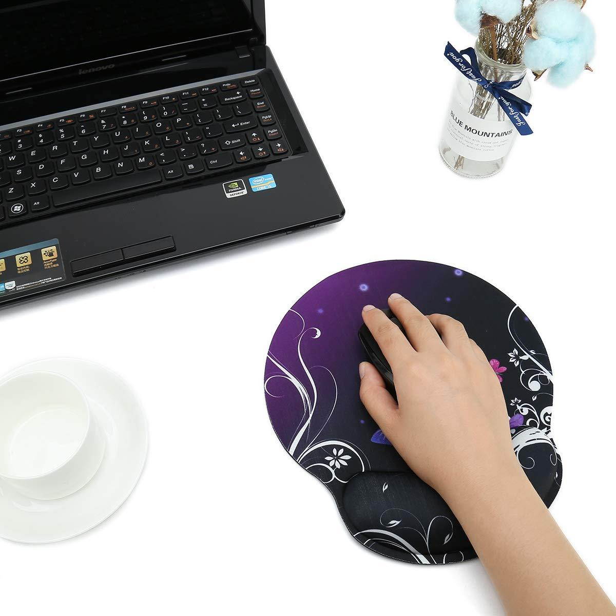 iColor Mouse Pad with Wrist Rest Nonslip Ergonomic Memory Foam Pain Relief Mousepad Desk Mat (9"x10") for Office Gaming Computer Laptop at Home/Work (Purple Butterfly&Flower)