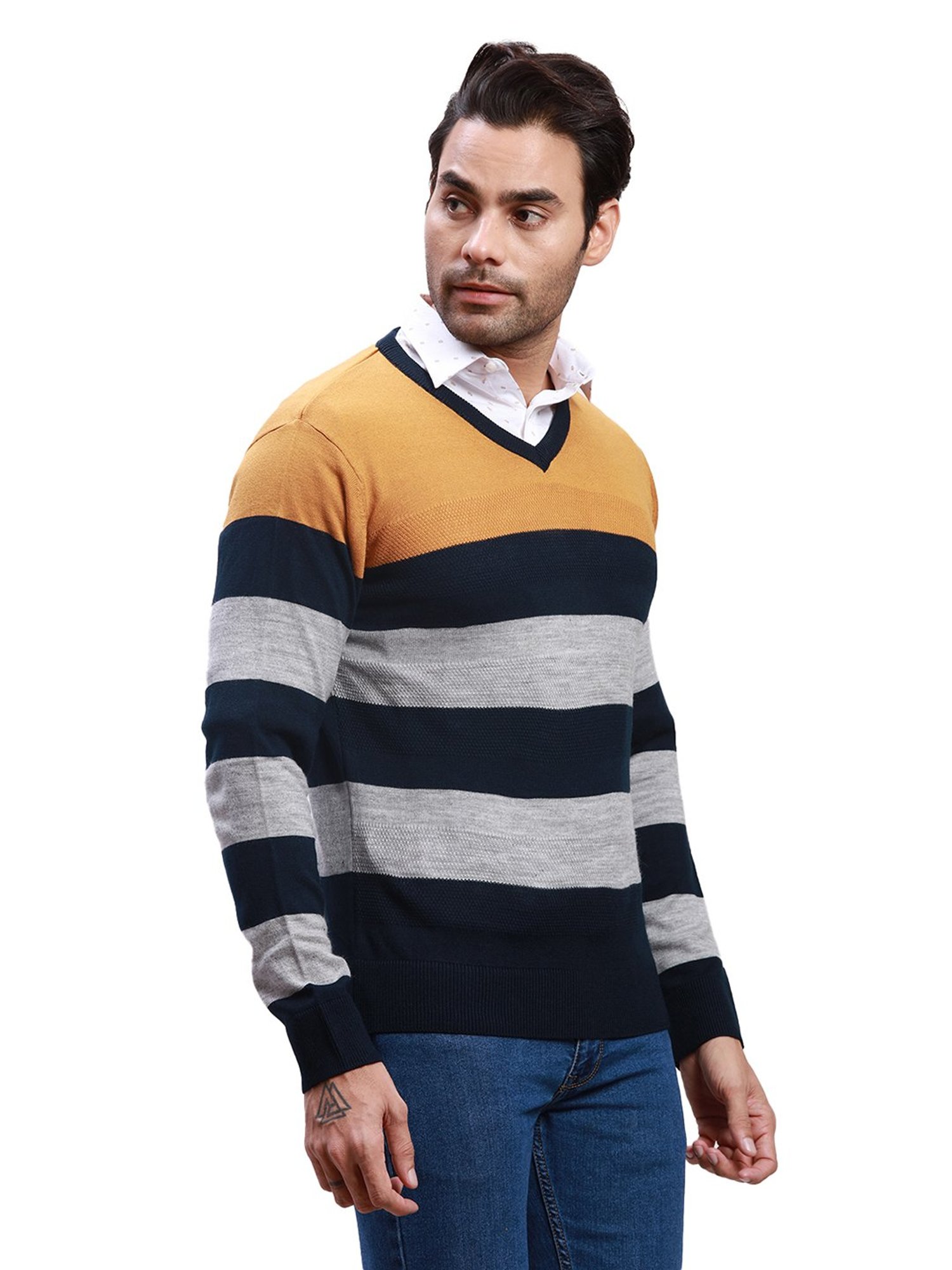 Parx Yellow Regular Fit Striped Sweater