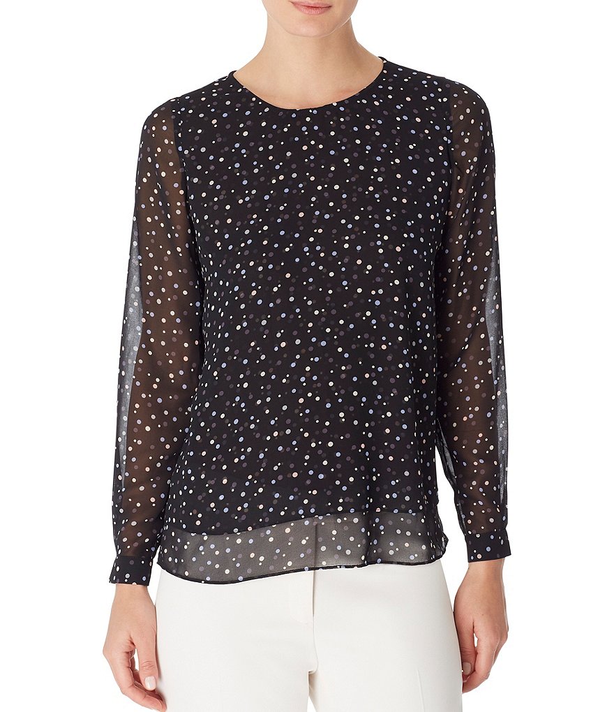 Anne Klein Double Layer Round Neck Long Sleeve Print Chiffon Blouse
