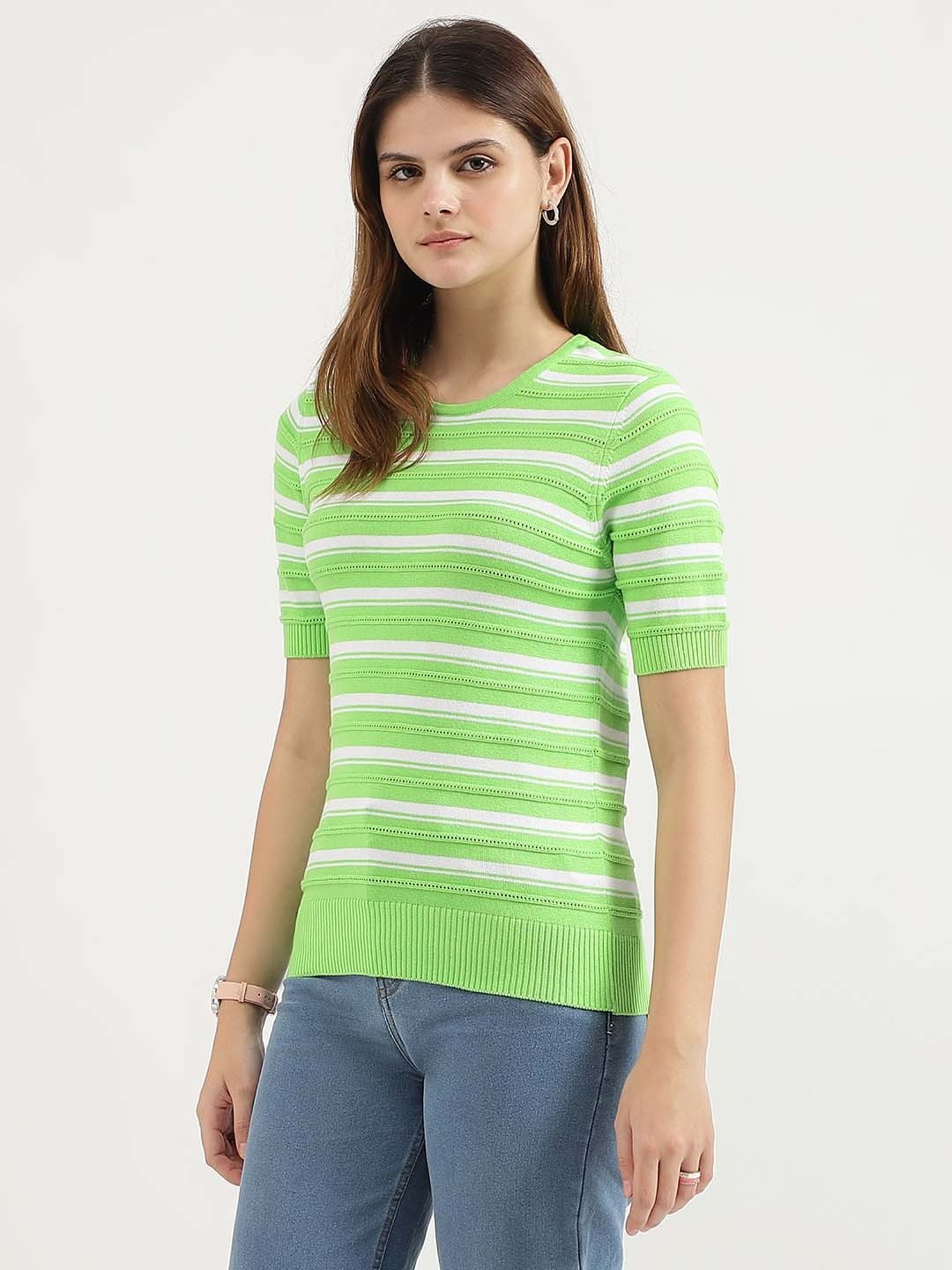 United Colors of Benetton Green Cotton Striped Top