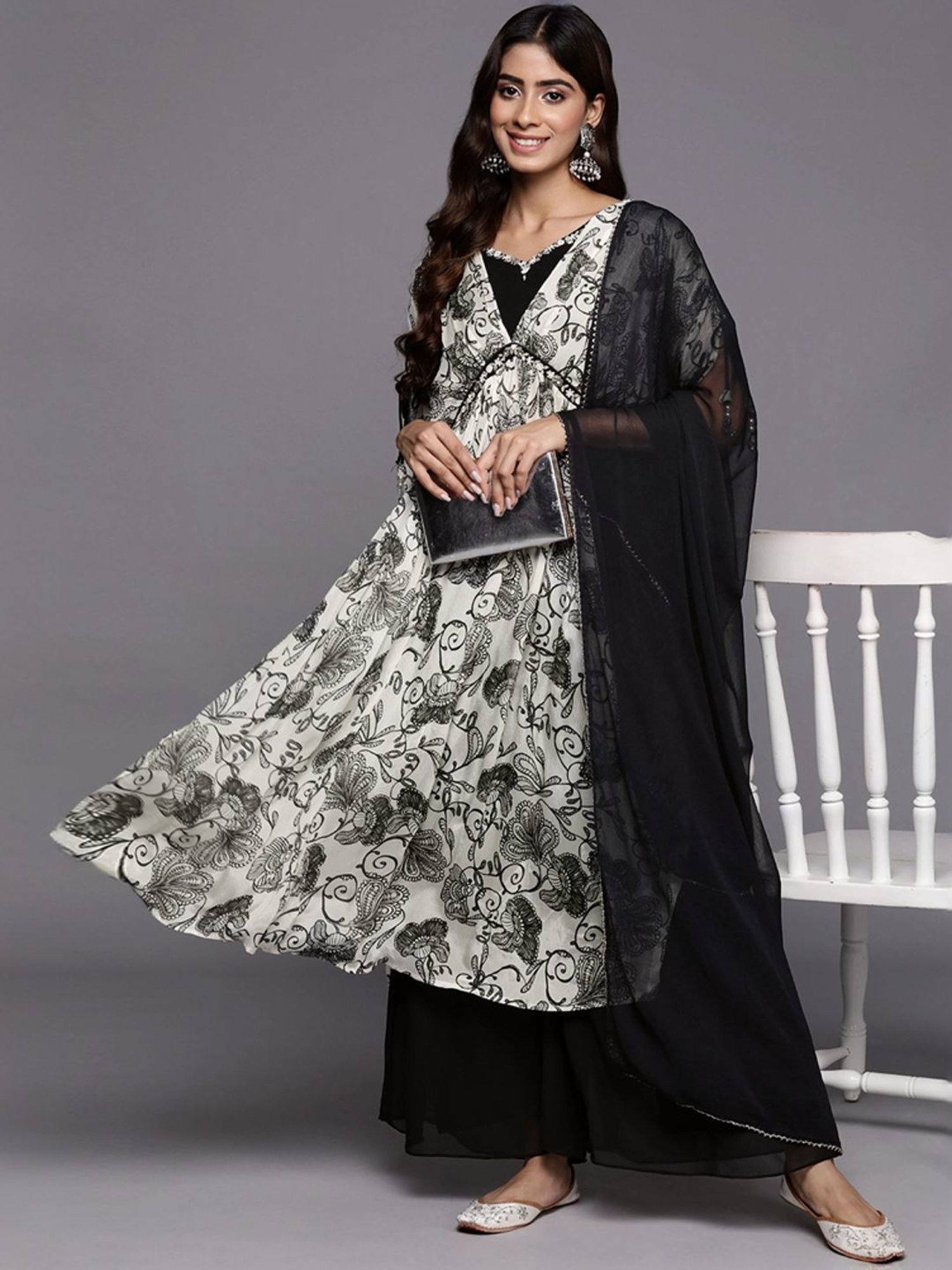 Varanga Off-White & Black Embroidered Kurta Palazzo Set With Dupatta