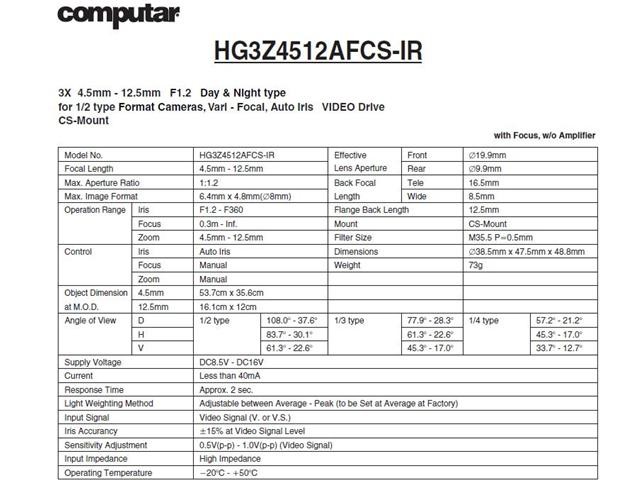 Computar Ganz High Quality CCTV Camera Lens HG3Z4512AFCS-IR 1/2" 4.5-12.5mm f1.2 Varifocal, Video Auto Iris (CS Mount) Day/Night IR