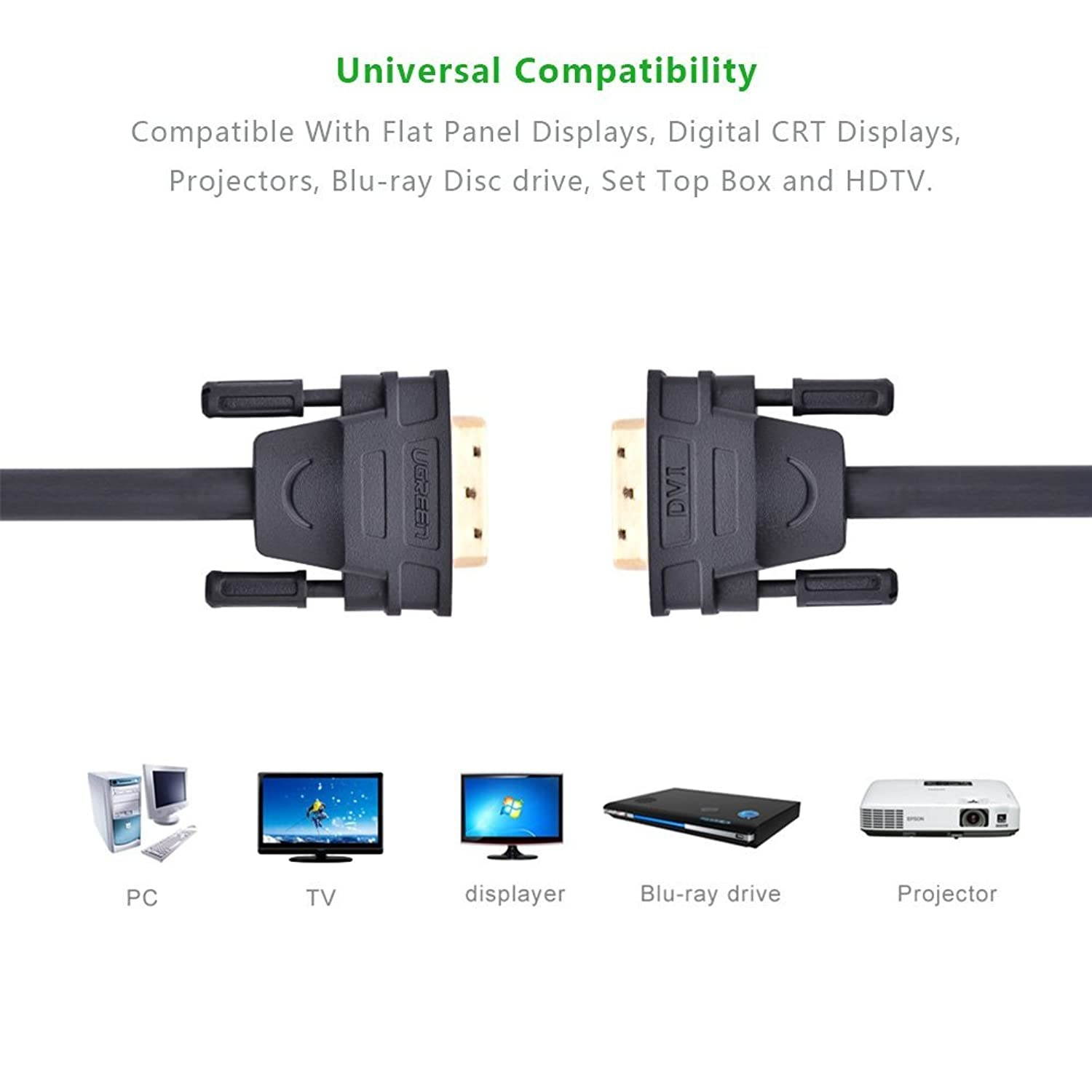 UGREEN DVI-D 24+1 Dual Link Male to Male Digital Video Cable Gold Plated with Ferrite Core Support 2560x1600 for Gaming, DVD, Laptop, HDTV and Projector (6FT)