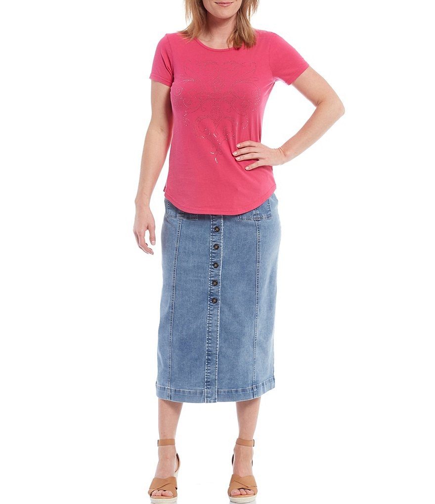 Reba Button Front Patch Pocket A-Line Denim Skirt