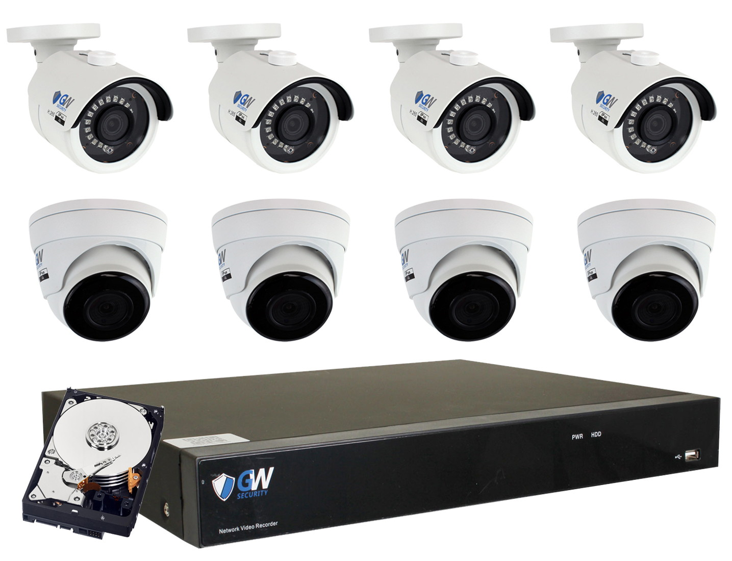GW 4K UltraHD 8MP PoE IP Security Camera System, 8-channel H.265 NVR UHD 4K Output, 8 x 4K 8 Megapixel WDR Weather Proof PoE Dome IP Cameras, Smart Video Search Customizable Motion Detection, 2TB HDD