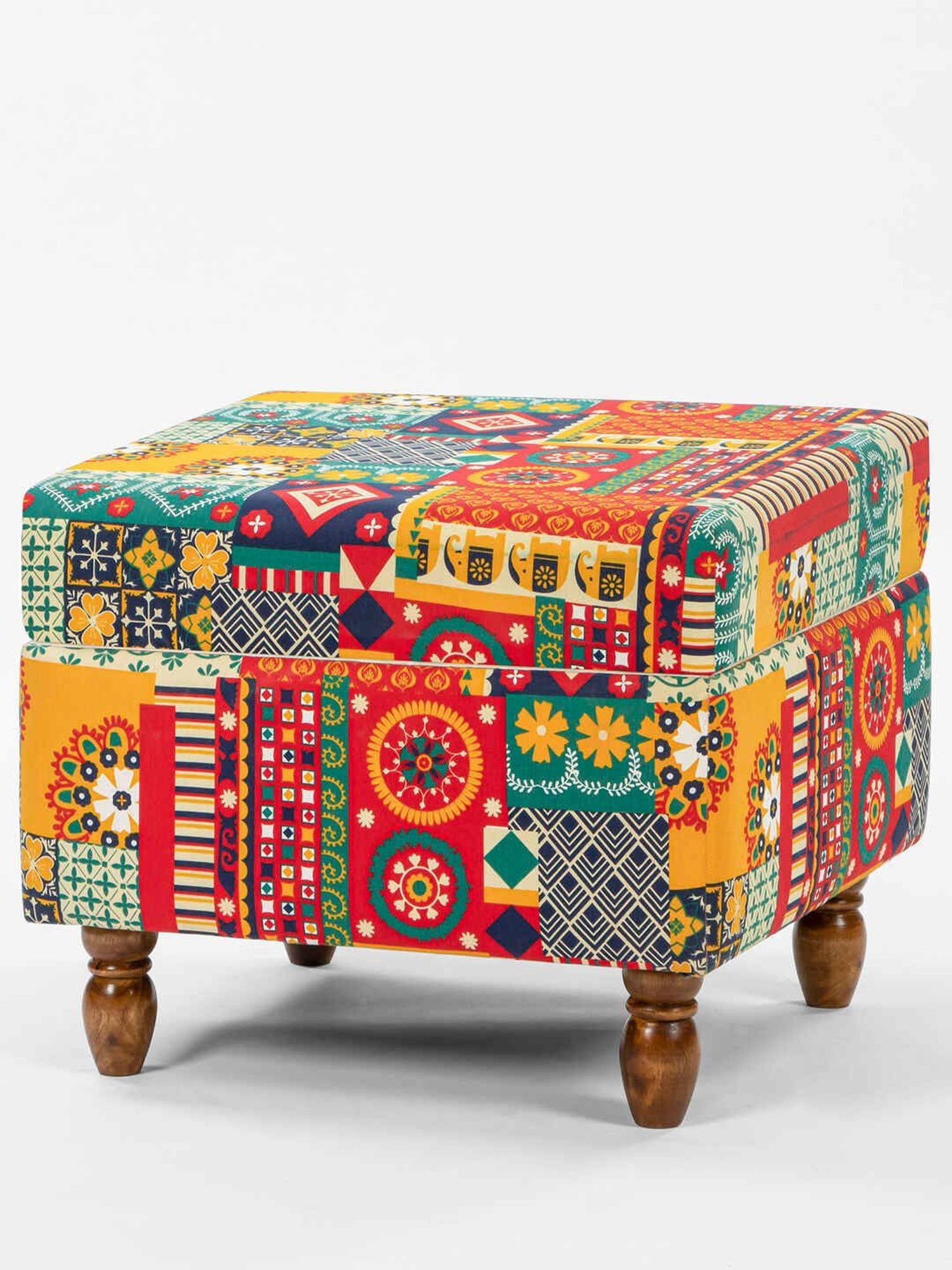 Chumbak Swirls Printed Red Sheesham Wood Modern Trunk Storage Ottoman