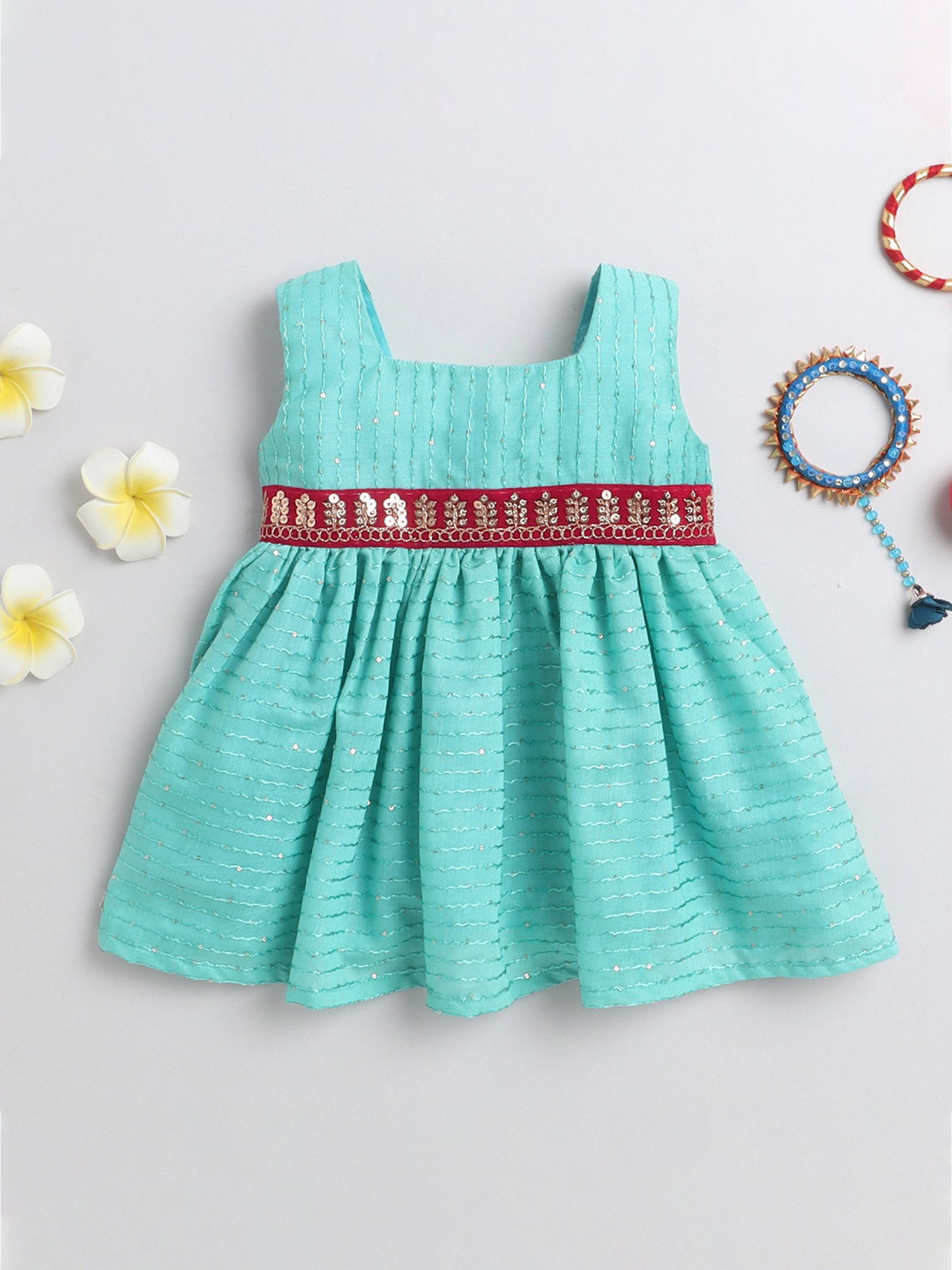 Many Frocks Kids Turquoise Embellished Dress