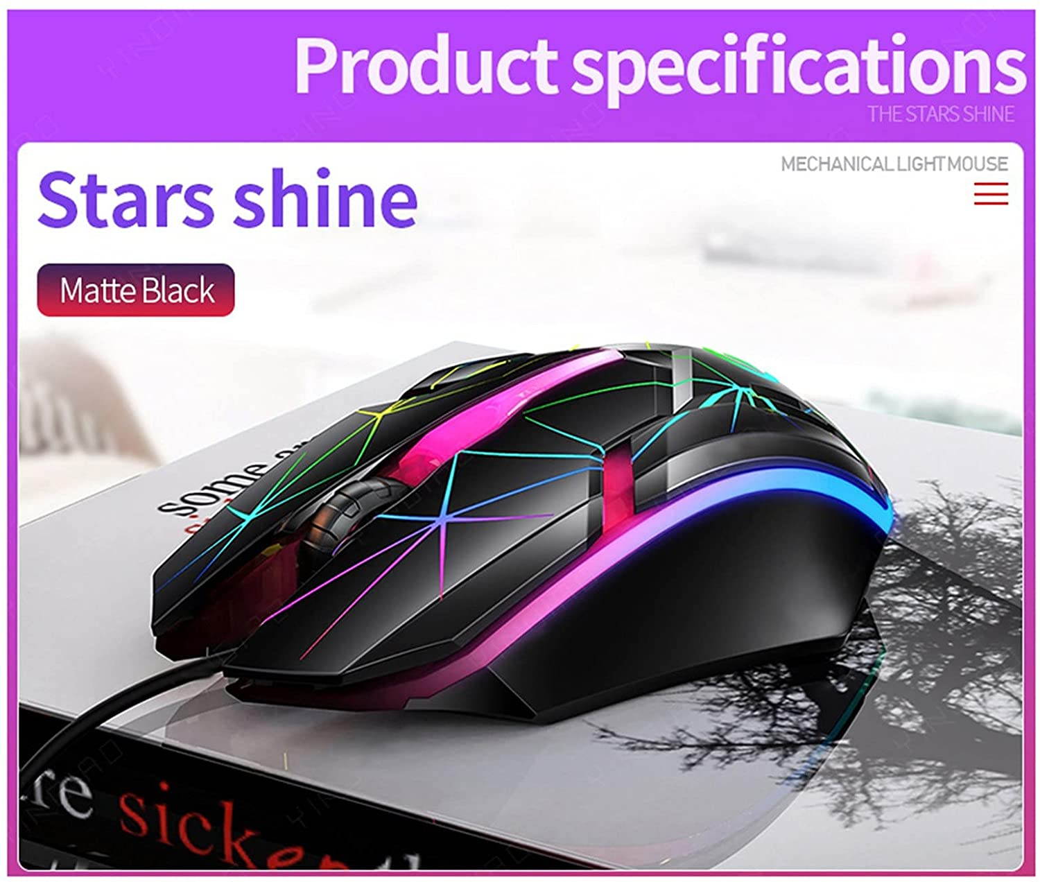 USB Wired Gaming Mouse, Colorful Ergonomic USB Optical Mouse, 1200DPI Gaming Mice for Laptop PC Computer Games & Work, Star Luminous Version